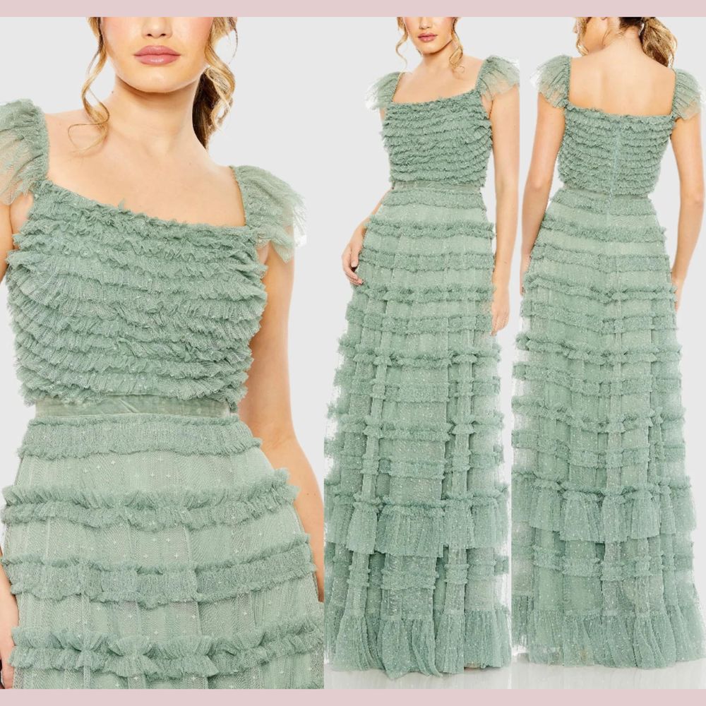 Nwt $898 Mac Duggal [ 2 ] 8052 Ruffle Cap Sleeve Tiered Ruffle Gown Jade Green